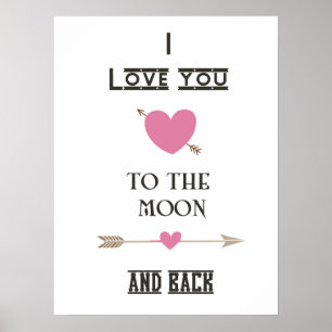 Poster I love you to the moon and back with Pink Hearts