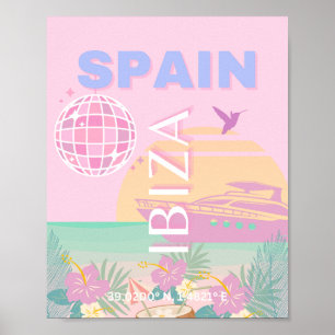 Poster Ibiza, Espagne, Art Voyage, Art Preppy, Rose