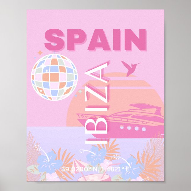 Poster Ibiza, Espagne, Art Voyage, Art Preppy, Rose (Devant)