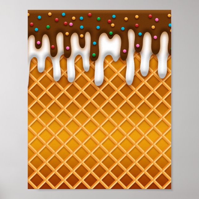 Poster Ice Cream Drip Gaufle Cone Chocolate And Vanilla (Devant)