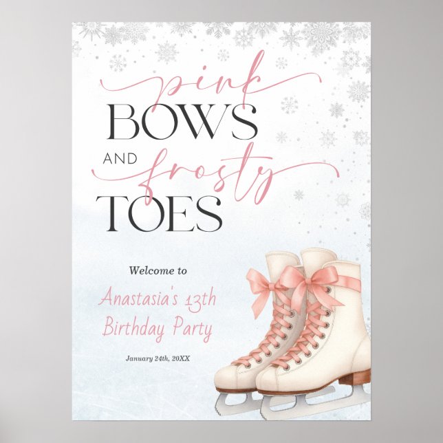 Poster Ice Skating Teen Birthday Welcome Sign - Pink Bow (Devant)