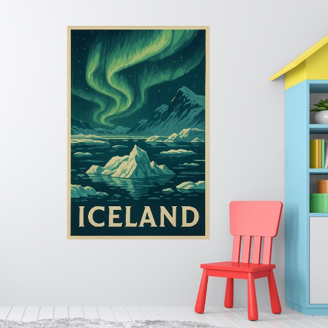 Poster Iceland Northern Lights – Vintage Arctic Landscape (Pépinière 1)