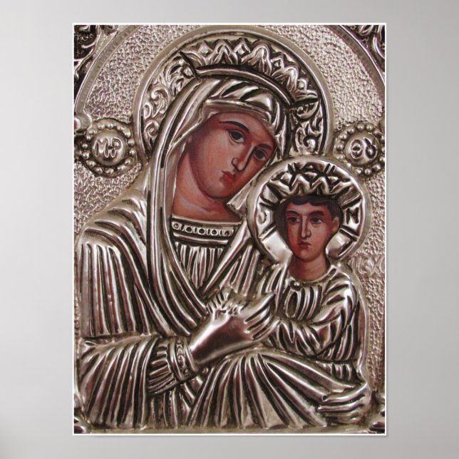 Poster Icône mère et enfant, Madonna et Jésus en argent (Devant)