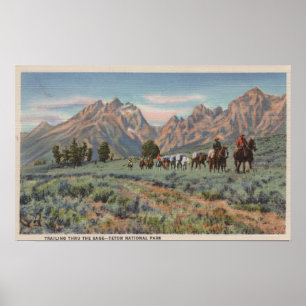 Poster Idaho - Vue des hommes à cheval sur Teton Mts.