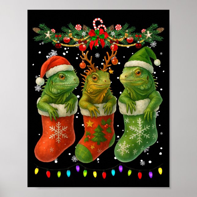 Poster Iguanas In Christmas Socks Lights Iguanas Xmas  (Devant)