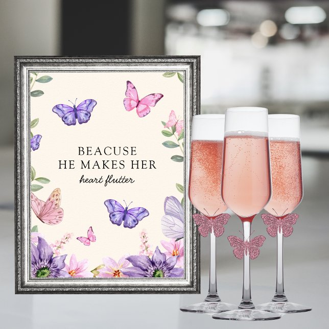 Poster Il me donne des papillons dans le ventre Fête de m (Because he makes her heart flutter bridal shower sign poster)