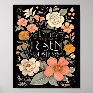 Poster Il n'est pas ici Il est ressuscité Floral chrétien