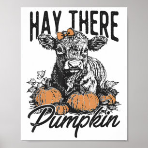 Poster Il y a là citrouille mignonne vache ferme automne