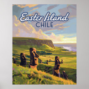 Poster Île de Pâques Chili Moai Rapa Nui Polynésie Rétro