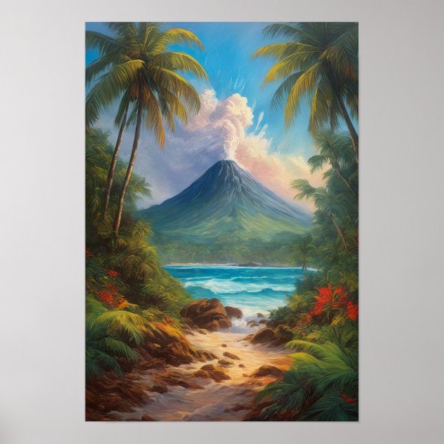 Poster Île tropicale avec volcan à la baisse (Devant)
