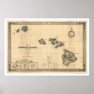 Poster Îles de la carte d'Hawaï Giles - 1876