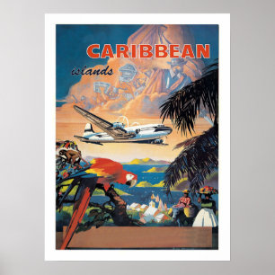 Poster îles des Caraïbes en avion, compagnie aérienne vin