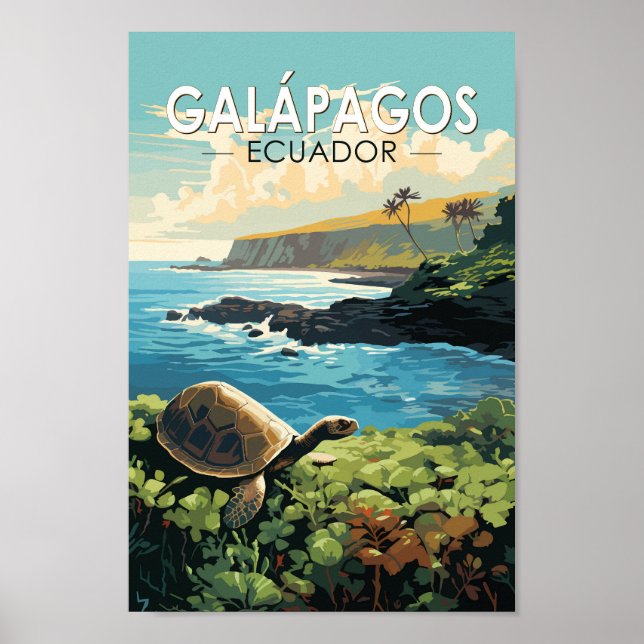 Poster Îles Galapagos Tortue géante Voyage Art Retro (Devant)