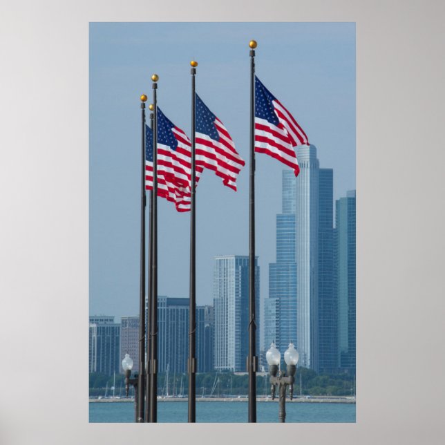 Poster Illinois, Chicago. Navy Pier, drapeaux américains (Devant)