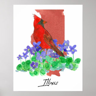 Poster Illinois State Shape Cardinal Purple Wood Violets