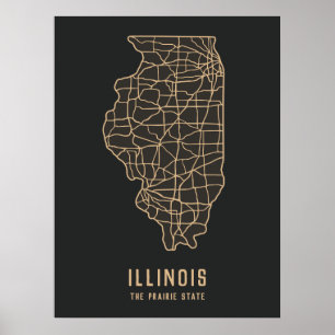 Poster Illinois US State road map - la carte de l'état de