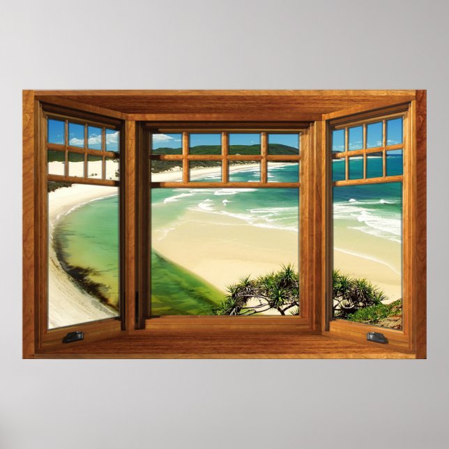 Poster Illusion de fausse fenêtre de la plage des Caraïbe (Devant)