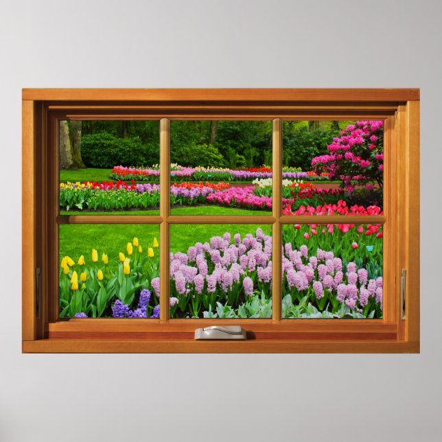 Poster Illusion de la fenêtre en bois - Jardin de printem (Devant)