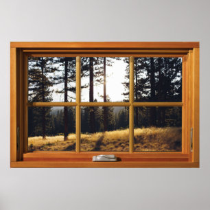 Poster Illusion de la fenêtre en bois - Pins d'automne