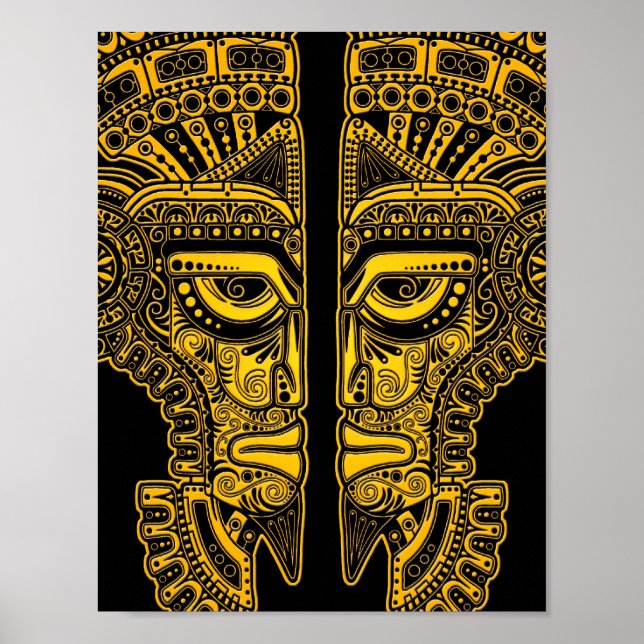 Poster Illusion du masque Jaune Maya sur le noir (Devant)
