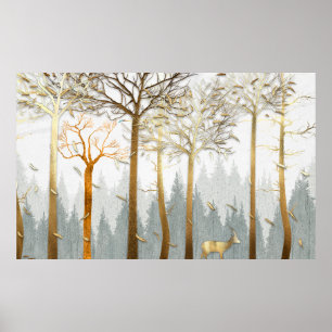 Poster illustration 3D, contours gris et or des arbres,