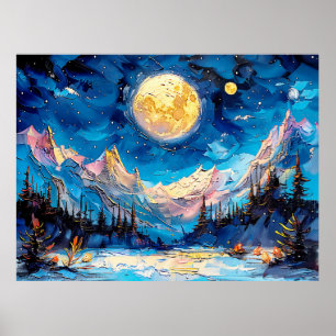 Poster Illustration aquarelle abstraite de pleine lune su