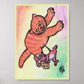 Poster Illustration aquarelle chat souris fromage cartoon