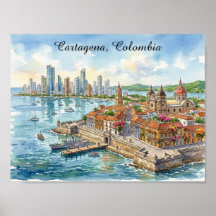 Poster Illustration aquarelle de Cartagena Colombie