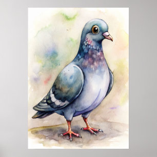 Poster Illustration aquarelle de pigeon fantaisiste,  Ill