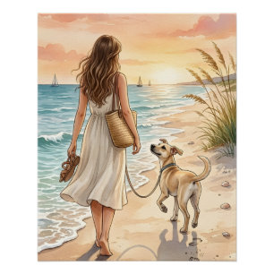 Poster Illustration aquarelle du coucher de soleil paisib