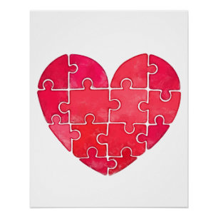 Poster Illustration aquarelle d'un cœur rouge en puzzle