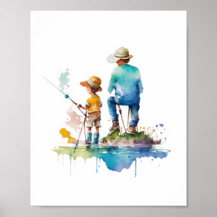 Poster Illustration aquarelle d'un père et d'un fils en a