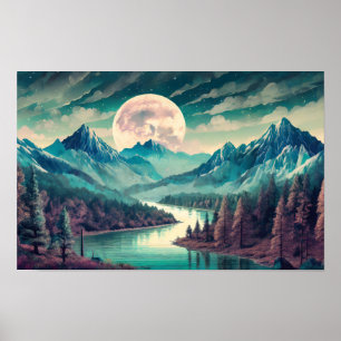 Poster Illustration Art numérique d'une rivière et d'une