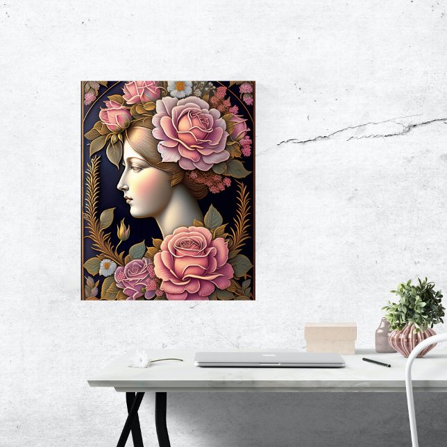 Poster Illustration classique de la dame florale rose (Créateur téléchargé)