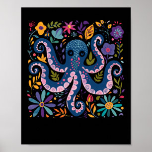 Poster Illustration colorée de pieuvre entourée