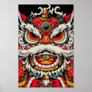 Poster Illustration colorée du lion dansant chinois