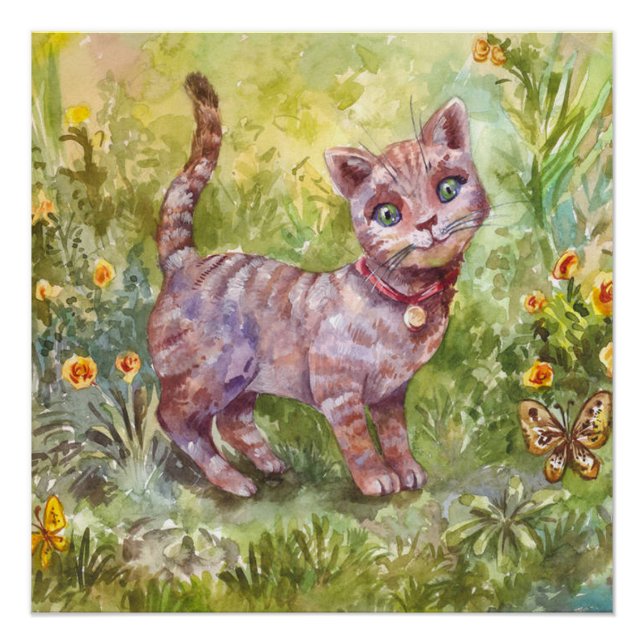 Poster Illustration Cute Kitten Garden Butterfly Flowers (Devant)
