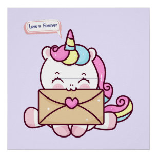 Poster Illustration d'amour de licorne Kawaii mignonne