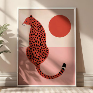 Poster Illustration d'animaux de léopard moderne rouge et