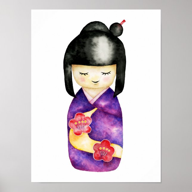 Poster Illustration d'aquarelle de poupée Kokeshi japonai (Devant)