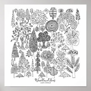 Poster Illustration d'arbres de forêt en noir et blanc