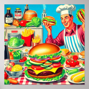 Poster Illustration de bande dessinée Retro Hamburger