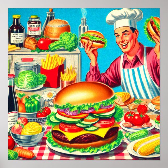Poster Illustration de bande dessinée Retro Hamburger (Devant)