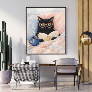 Poster illustration de chat lisant   art de chat noir   c