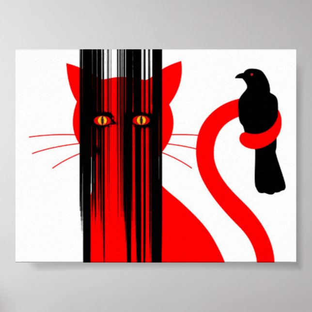 Poster Illustration de chat rouge et d'oiseau noir (Devant)