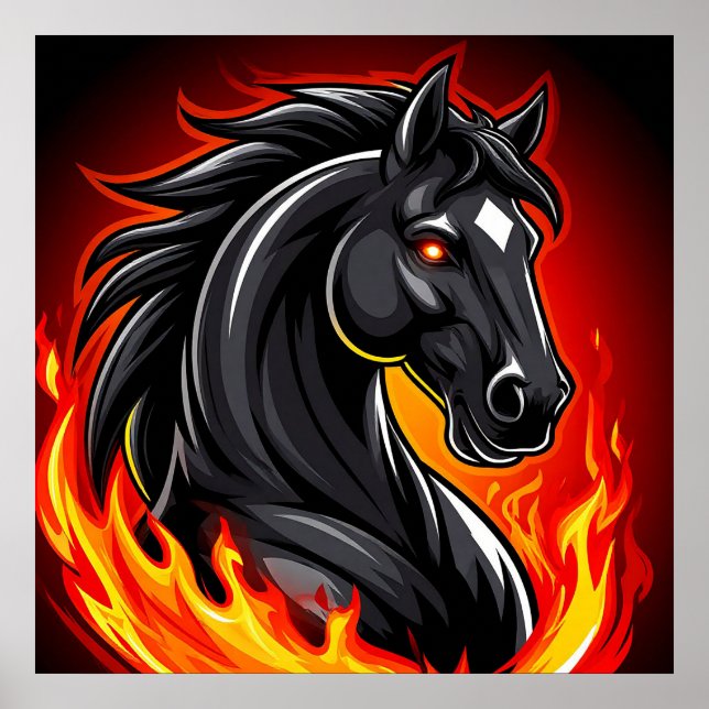 Poster Illustration de Cheval Noir Fiery avec les yeux br (Devant)