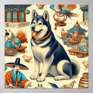 Poster Illustration de Chien Jindo Coréen Vintagae