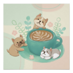 Poster Illustration de chiens et de cafés mignons