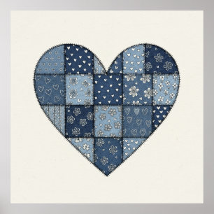 Poster Illustration de cœur en patchwork de denim bleu ru