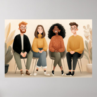 Poster Illustration de divers amis assis ensemble dans un